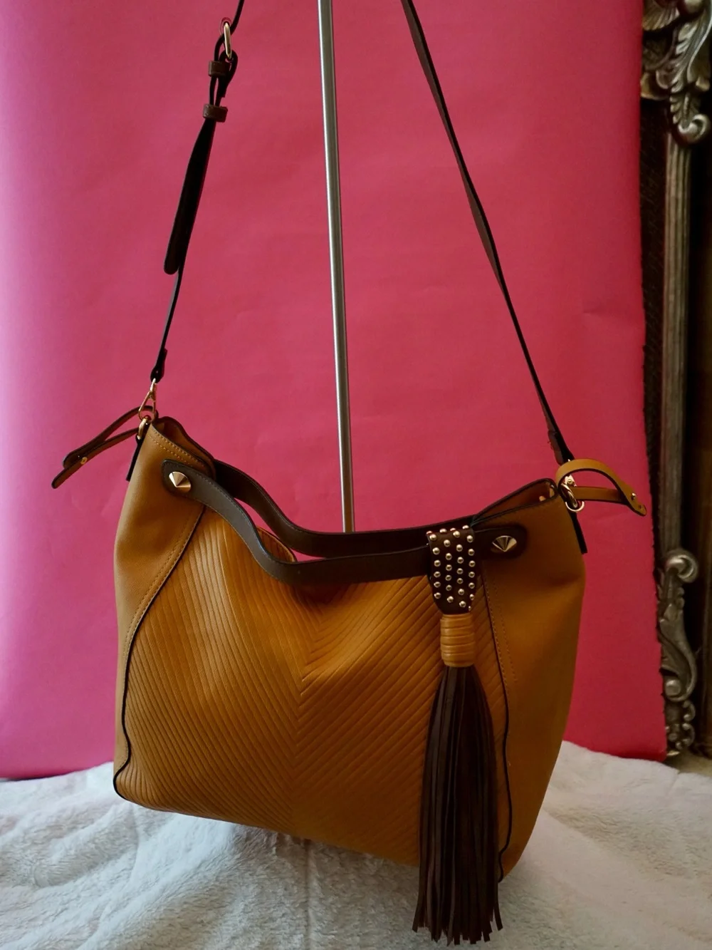 Mustard Yellow Chevron Vegan Leather Hobo Bag Studded Tassel Shoulder Bag